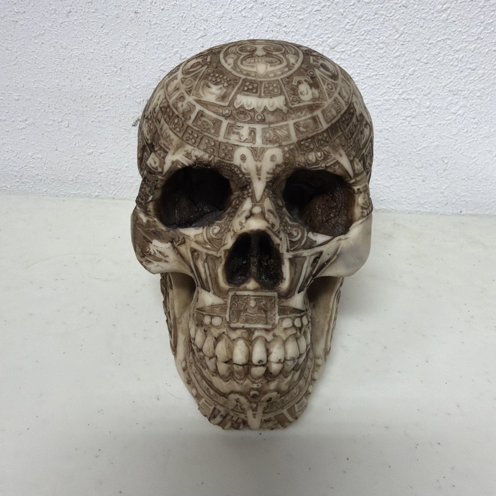 Aztec Calendar Engraved Skull Figurine